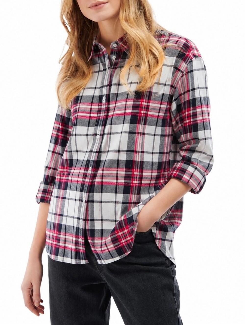 Barbour Stokehold Relaxed Fit Plaid Cotton Button Down Shirt Red Navy US 6